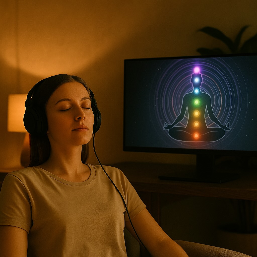 Woman with headphones relaxing during bioresonance feedback therapy in a calm room, with a monitor displaying a meditating figure and aligned chakra points.