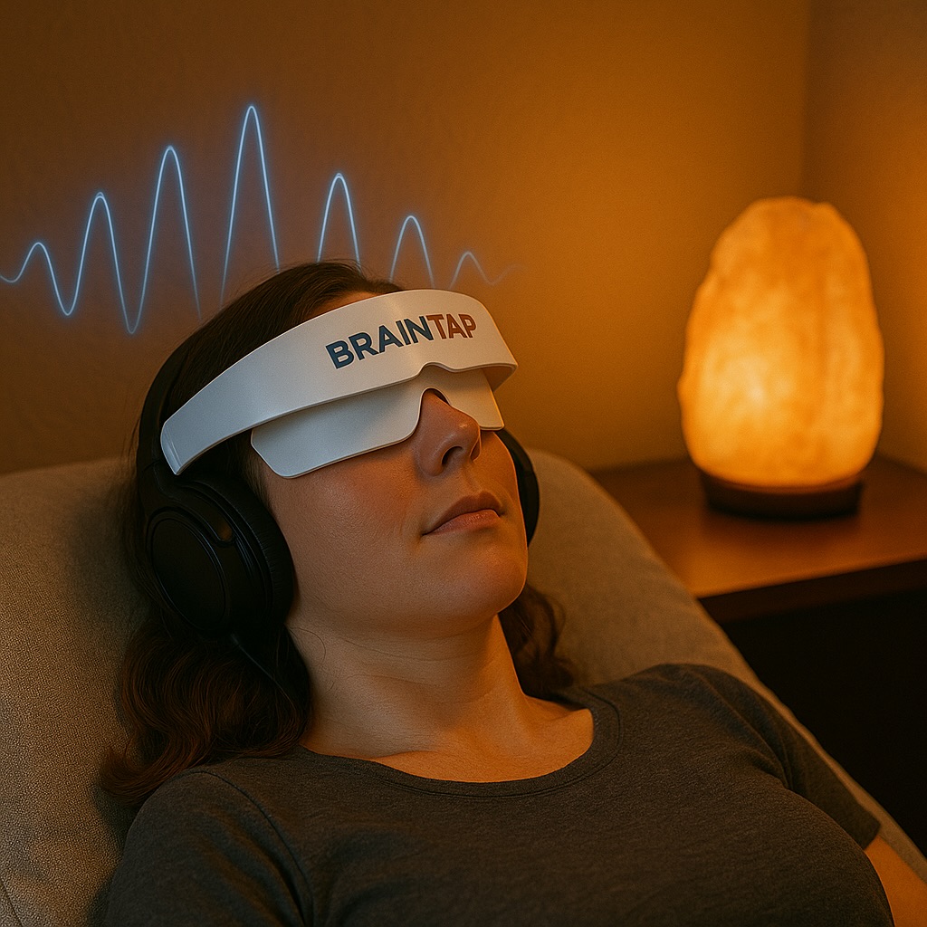 Person using BrainTap Sound therapy in an ambient room with a himalyan salt lamp and frequency waves on a screen.