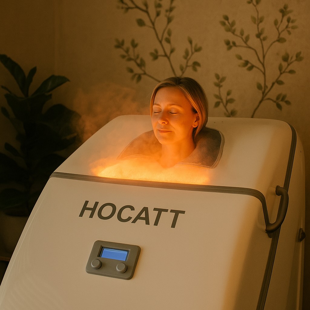 Woman receiving ozone sauna therapy in a HOCATT machine, surrounded by warm steam in a spa setting
