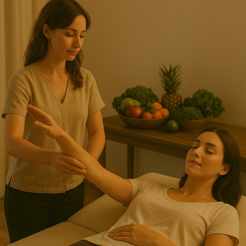 Practitioner performing nutrition response testing on a relaxed woman, with fresh fruits and vegetables in the background.