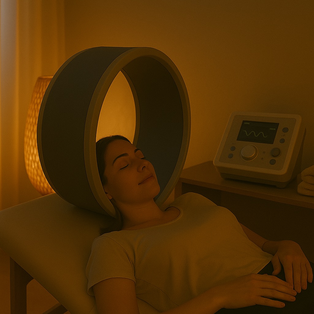 Woman holding her neck with a glowing point of pain, illustrating targeted PEMF therapy for inflammation and pain relief