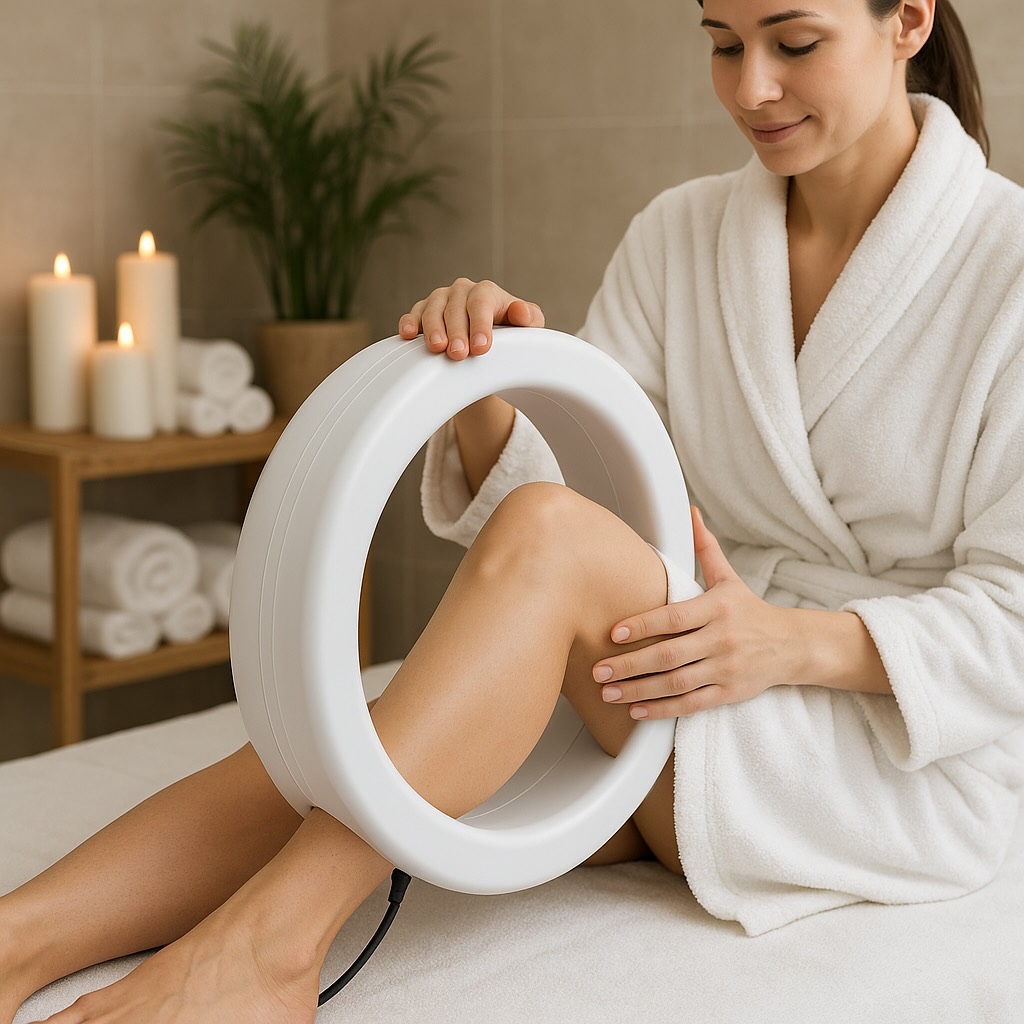 A woman in a white spa robe sits on a massage table using a PEMF therapy ring on her leg in a serene spa setting, with candles, towels, and a plant in the background.