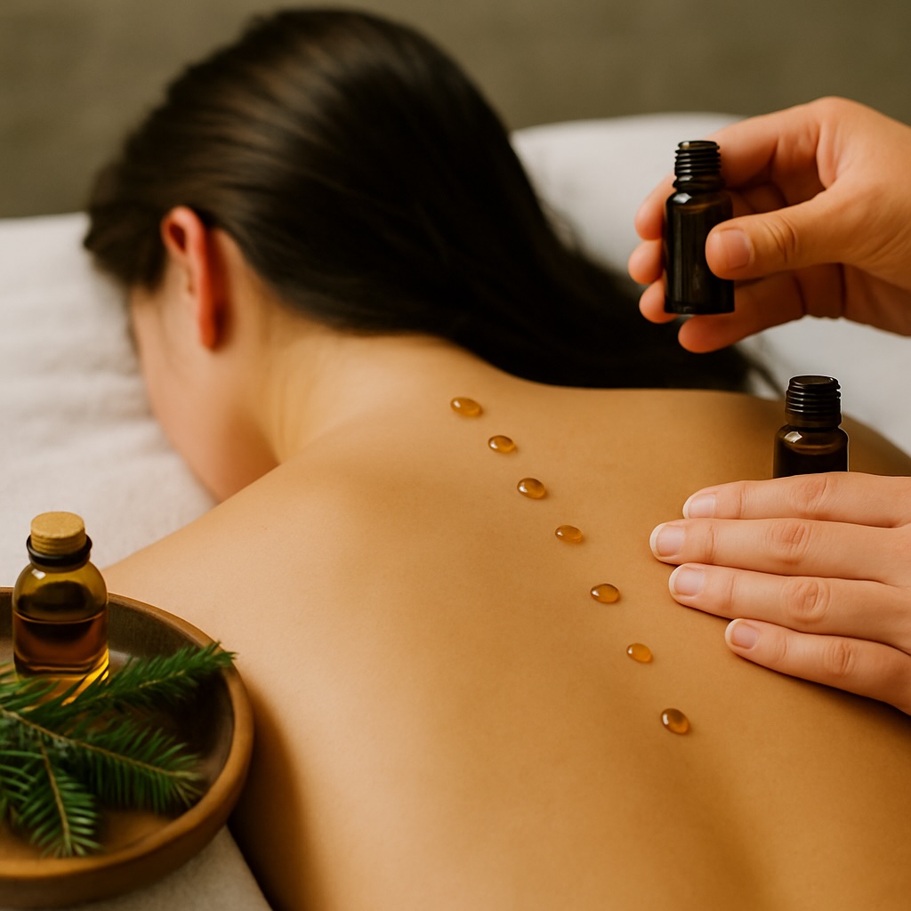 Massage therapist applying essential oil drops along a woman's spine during Raindrop massage treatment