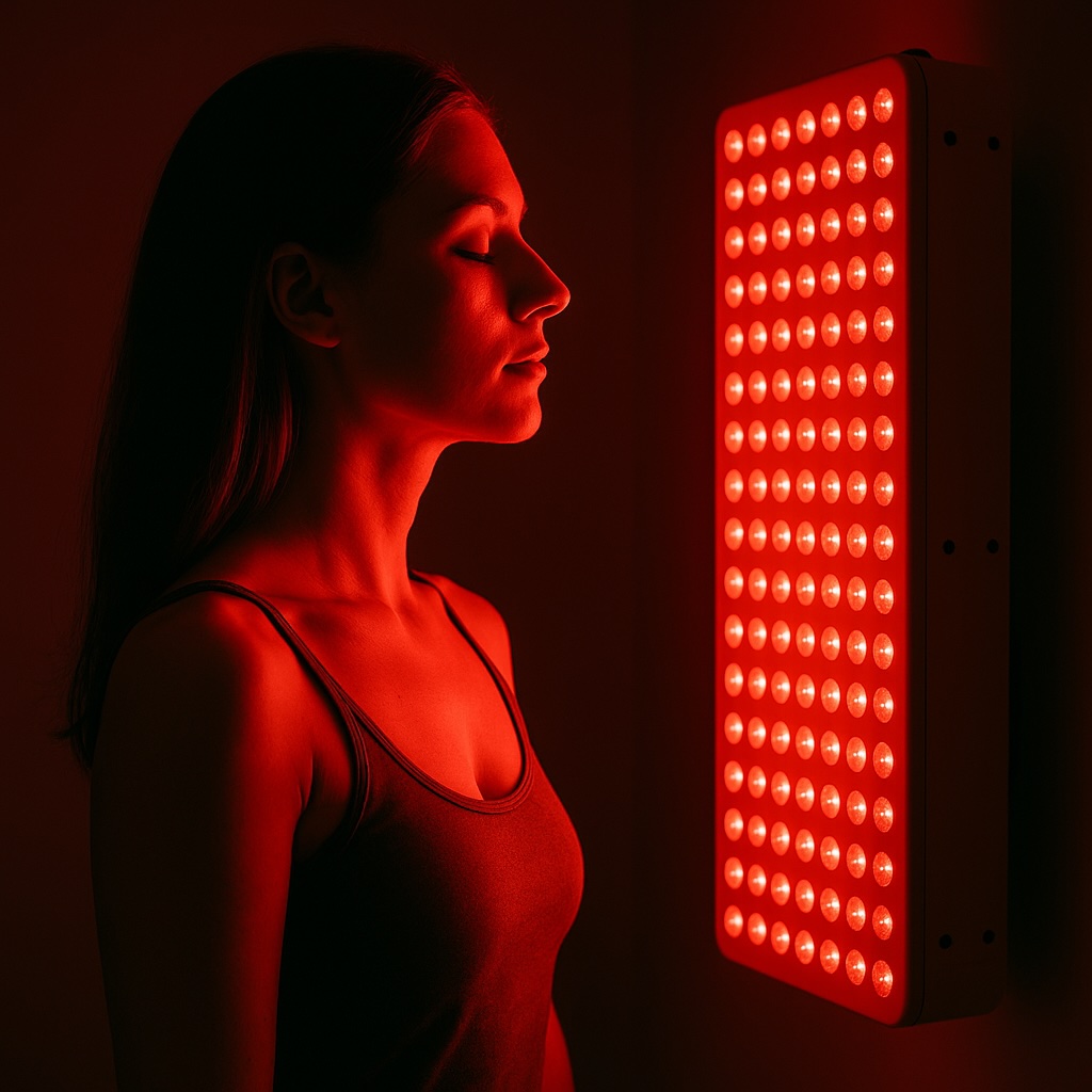 A women receiving red light therapy from LED panel.