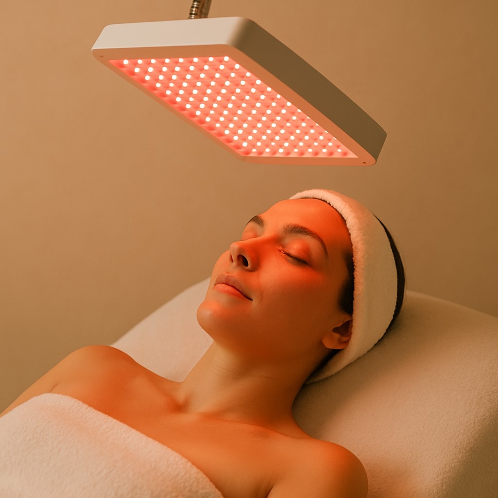 Woman laying down under a red LED panel receiving red light therapy treatment relaxed
