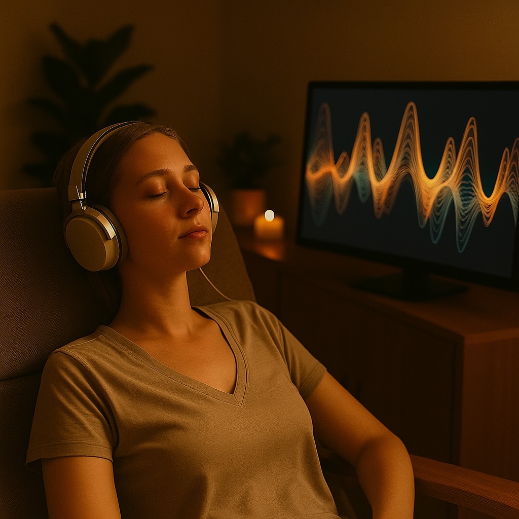 Woman relaxing with headphones in a warm spa room during frequency sound therapy, with colorful brainwave patterns displayed on a screen