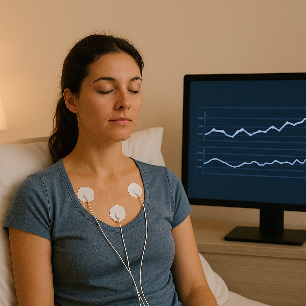 Woman using Nerve Express with chest electrodes and stress-sleep graph on screen.
