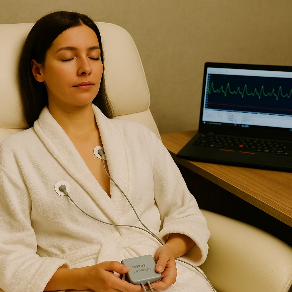 A woman in a white robe sits calmly in a reclined chair with electrodes attached to her chest, undergoing a Nerve Express assessment for stress and sleep management. She holds a small monitoring device while biometric data appears on a laptop screen nearby, showing heart rate variability and nervous system response in a tranquil clinical setting.