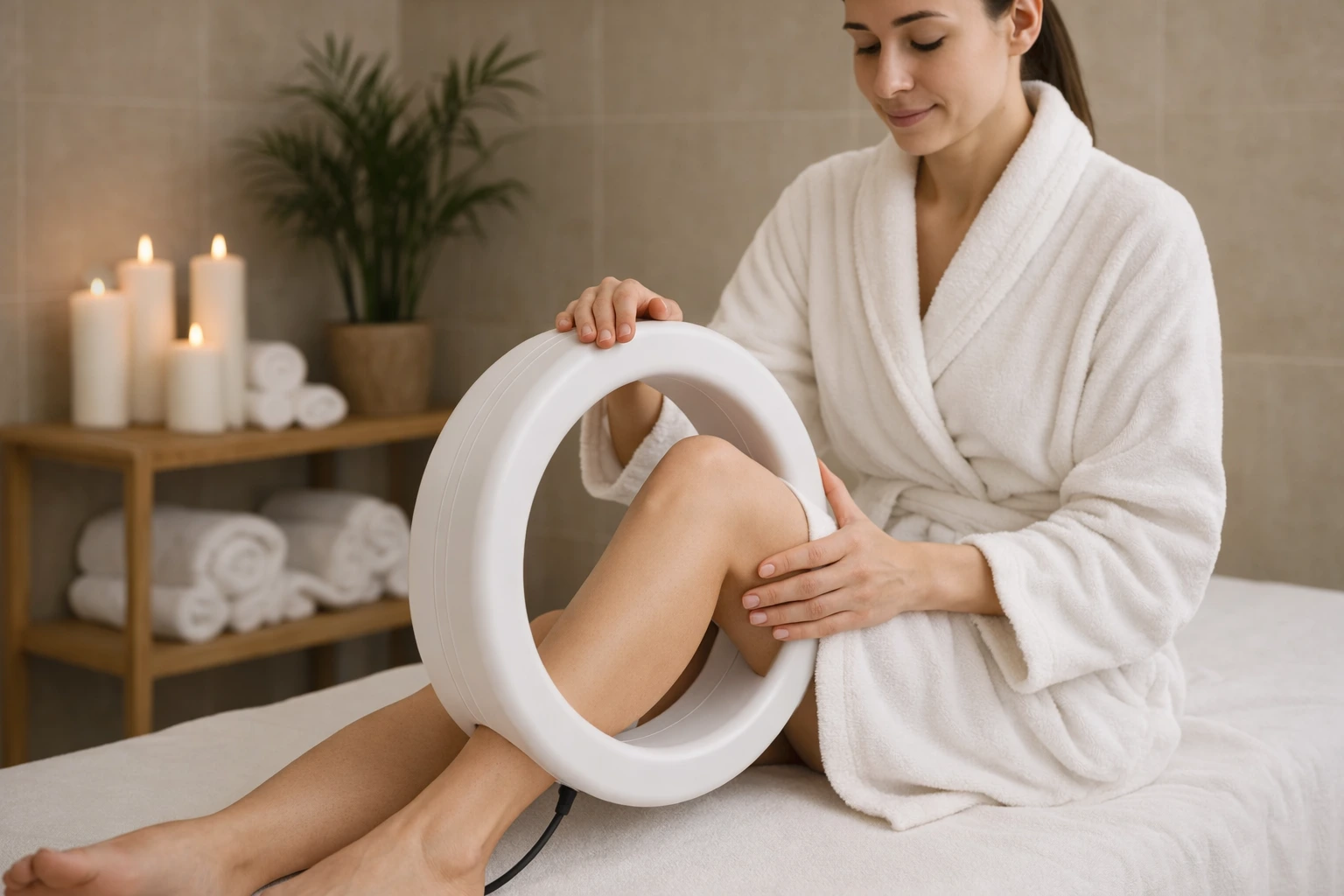 Woman receiving PEMF therapy with a ring device on her leg