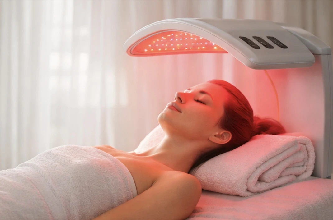 Woman resting under a red light therapy panel