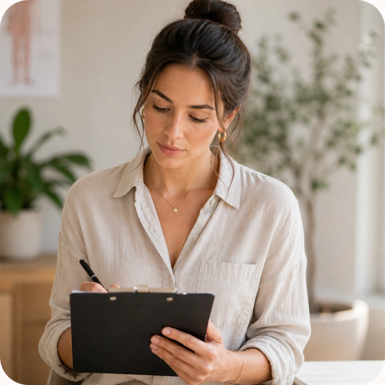 Patient reviewing notes on a clipboard during a nutrition response testing consultation, reflecting personalized evaluation and care