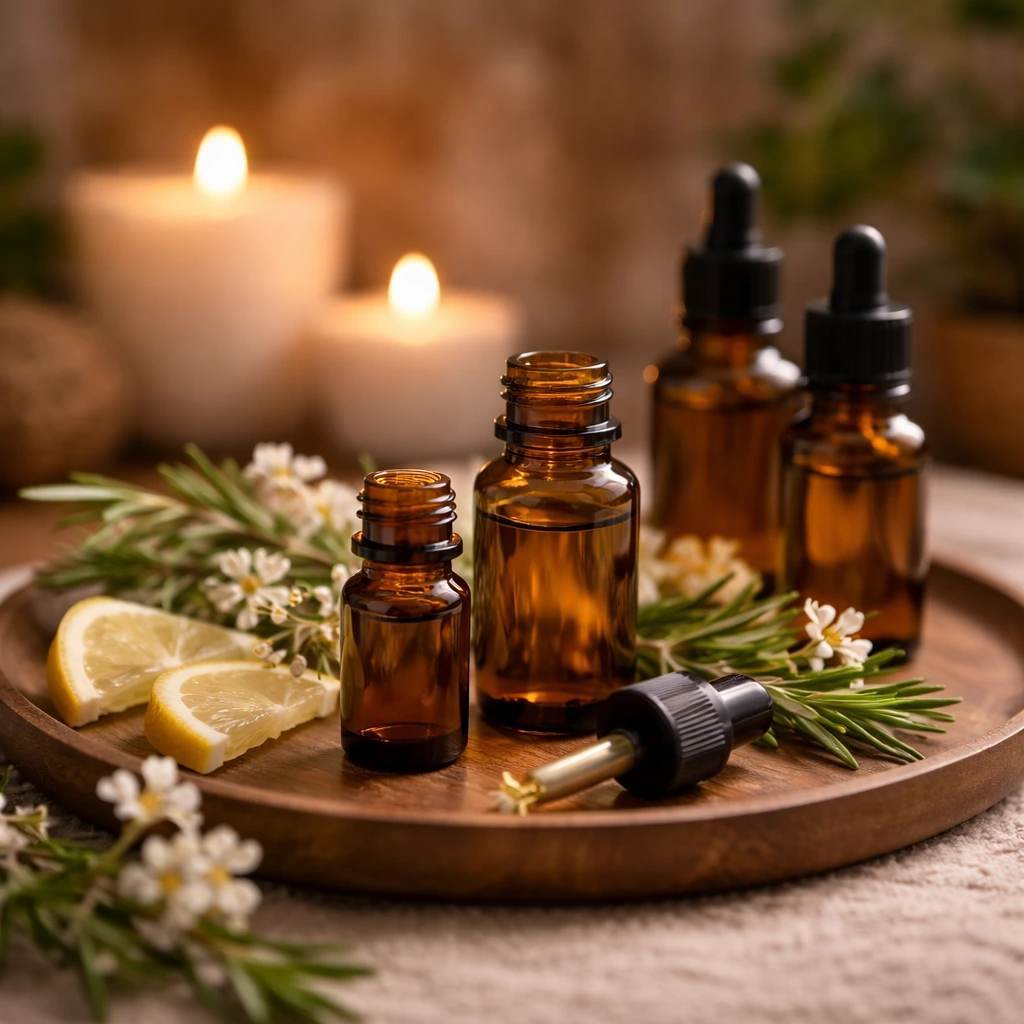 Essential oil bottles used for aromatherapy massage add-on