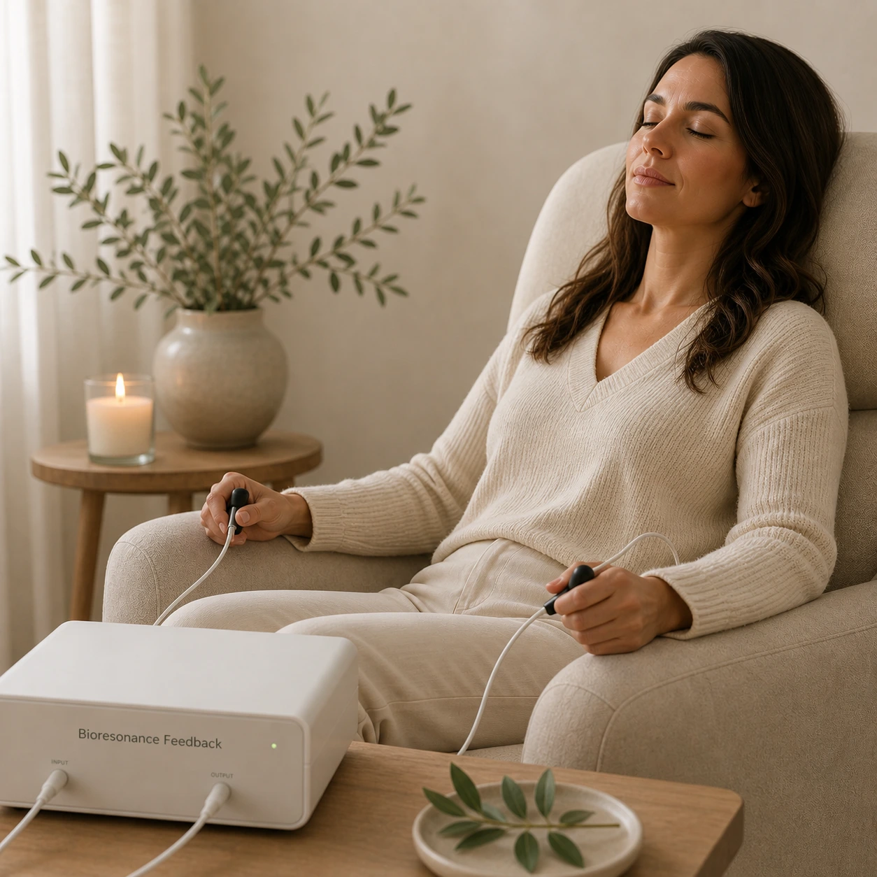 Woman relaxing during a bioresonance feedback session while holding sensors connected to a therapeutic device