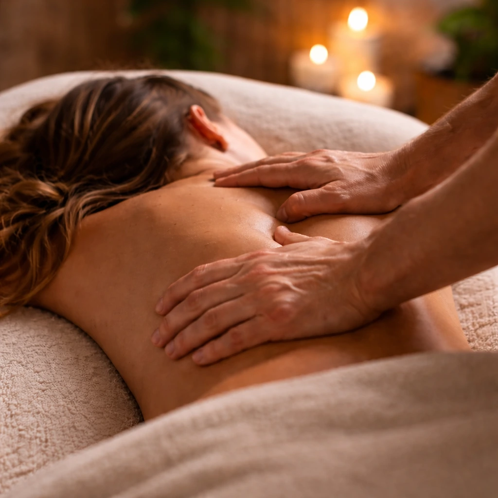 Woman receiving deep tissue massage with focused pressure applied to relieve tension