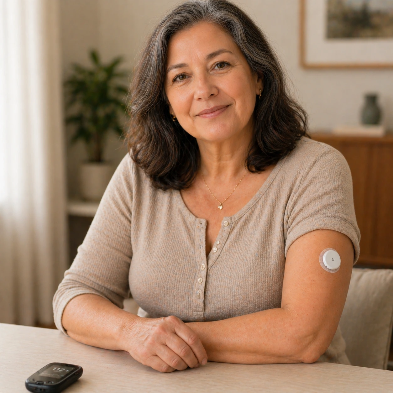 Woman with a glucose monitor on her arm, representing individuals who benefit from diabetic footwear and foot care support