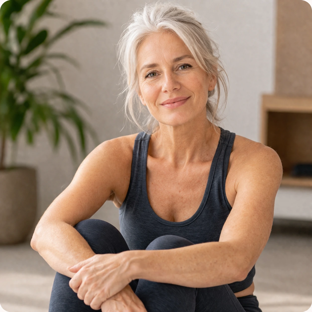 Active woman seated comfortably indoors, representing individuals who benefit from custom orthotics for support, alignment, and everyday mobility