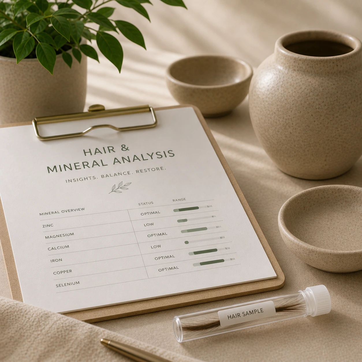 Hair and mineral analysis report on a clipboard with a labeled hair sample vial, representing mineral balance and personalized health insights