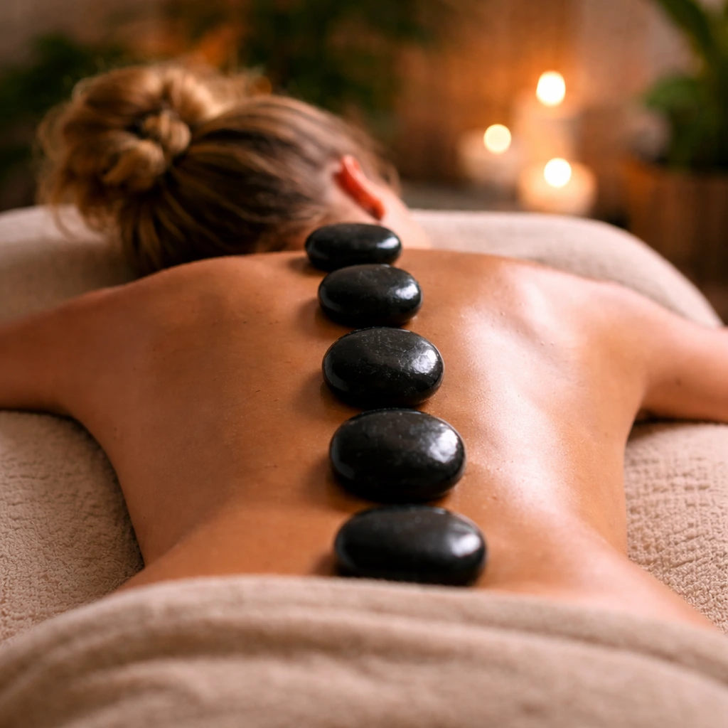 Woman receiving hot stone massage with heated stones placed along the back to promote relaxation and relieve tension
