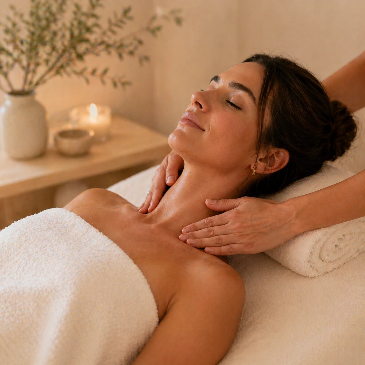 Woman receiving manual lymphatic drainage massage on neck to support circulation and fluid movement
