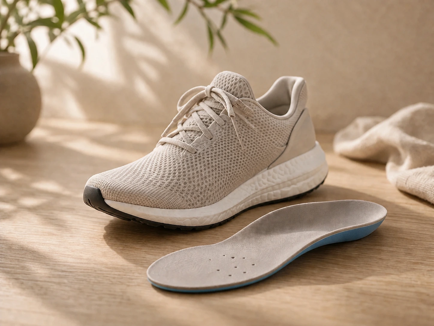 Custom orthotic insert next to supportive footwear designed to improve alignment and reduce strain