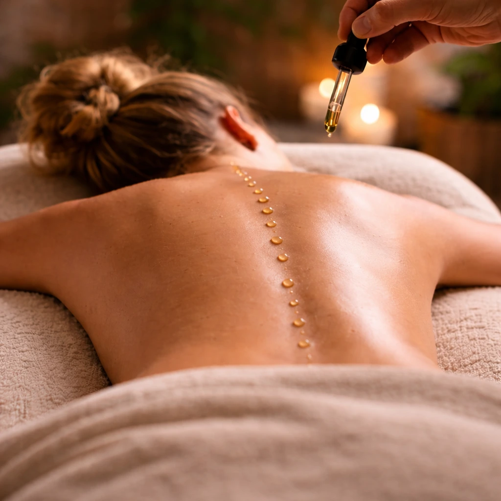 Raindrop therapy with essential oils applied along the spine to support relaxation and balance