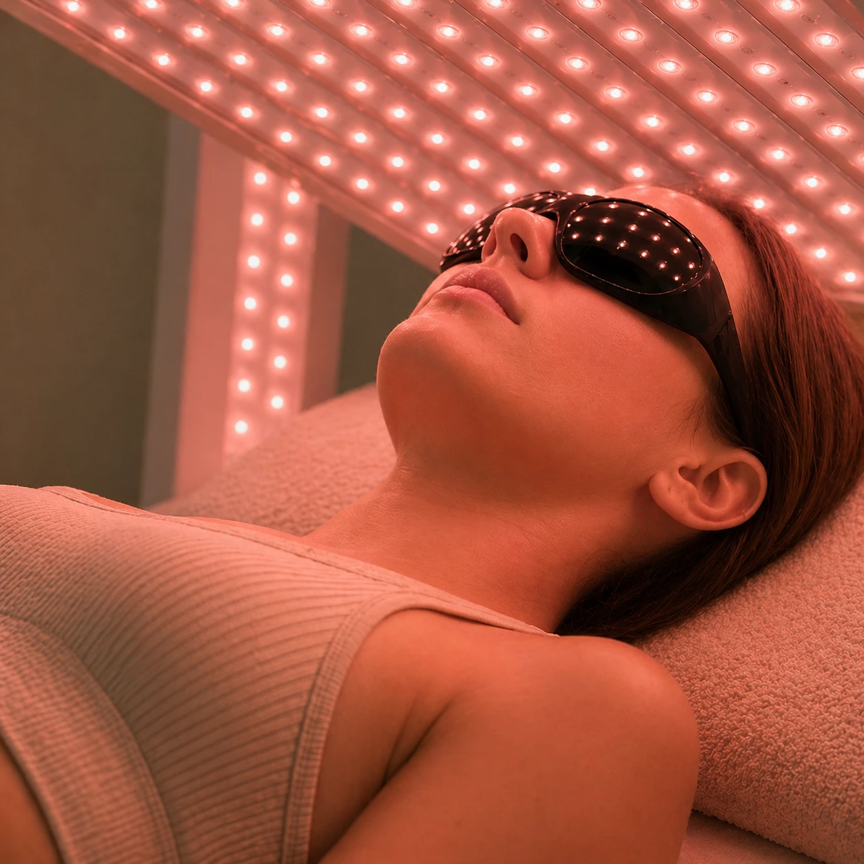 Woman relaxing during red light therapy session while exposed to therapeutic red light panels designed to support recovery, circulation, and skin wellness