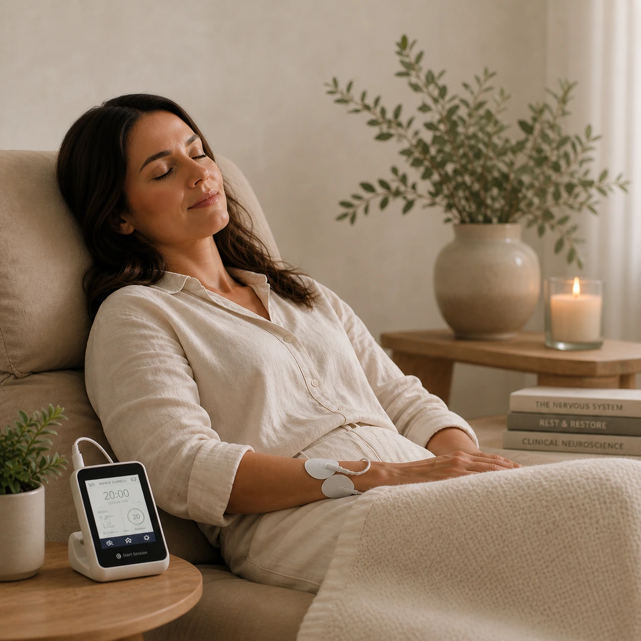 Woman relaxing during a heart rate variability session using sensors to assess stress and sleep balance