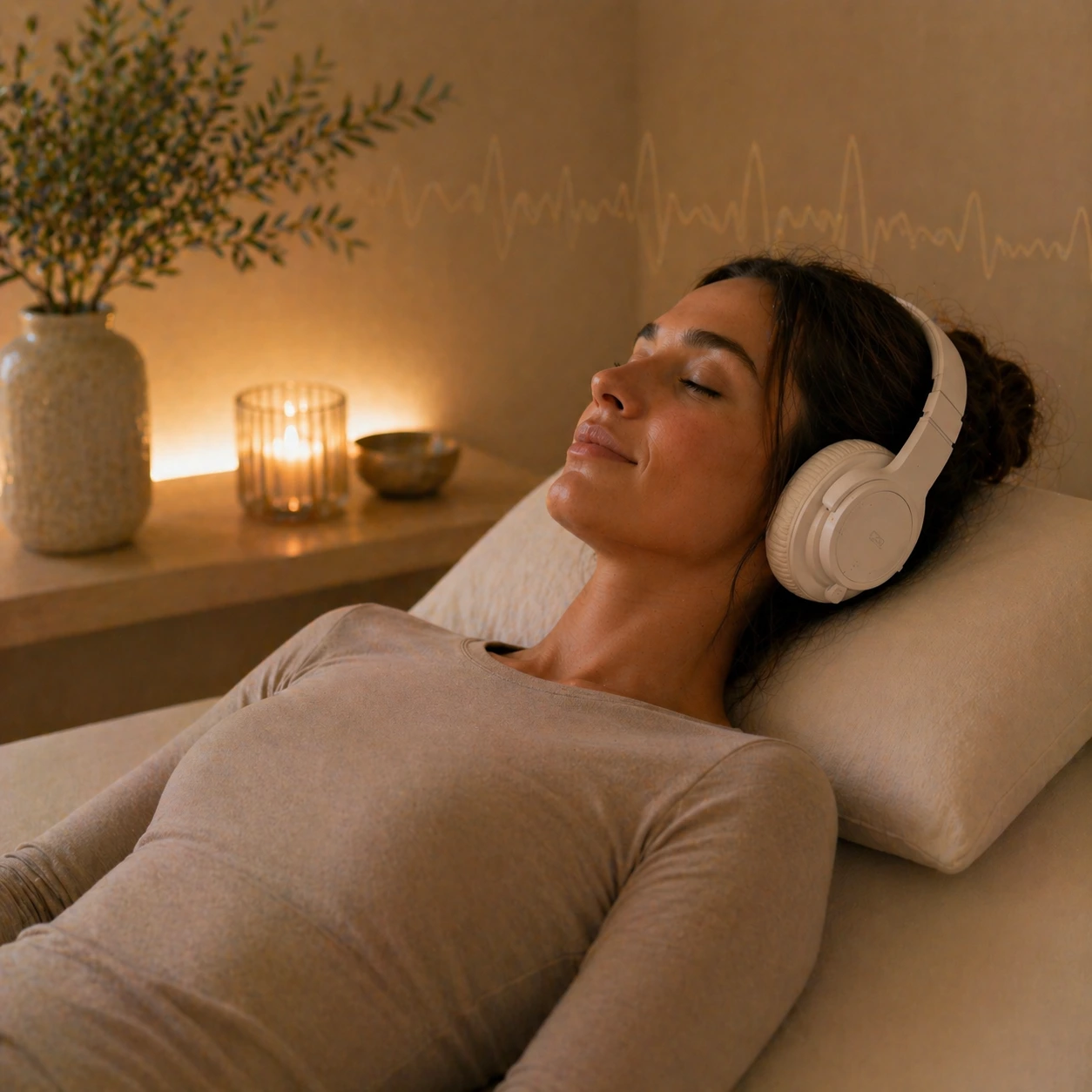 Woman relaxing during vibroacoustic therapy session using sound and vibration therapy to support relaxation, nervous system balance, and overall wellness